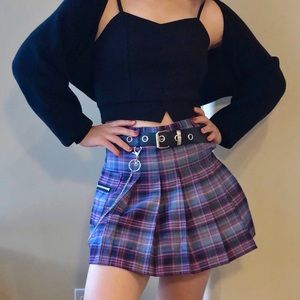NWT Plaid Purple and Blue Mini Skirt with Pocket, Belt and Chain